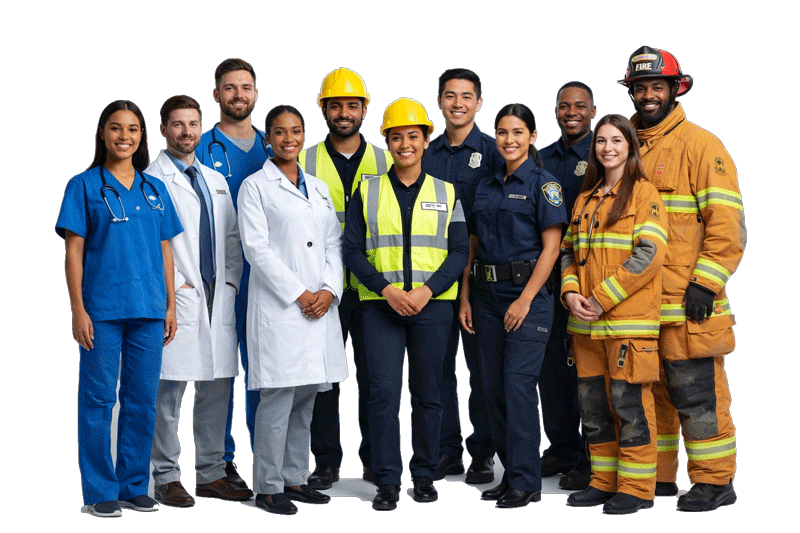 Eleven people in work uniforms standing together on a grey background: a nurse in blue scrubs with a stethoscope; a doctor in a white coat and tie; a man in blue scrubs; a doctor in a white lab coat; two construction workers in yellow hard hats and high-visibility vests; three police officers in navy uniforms; and two firefighters in tan protective gear, one wearing a red helmet.