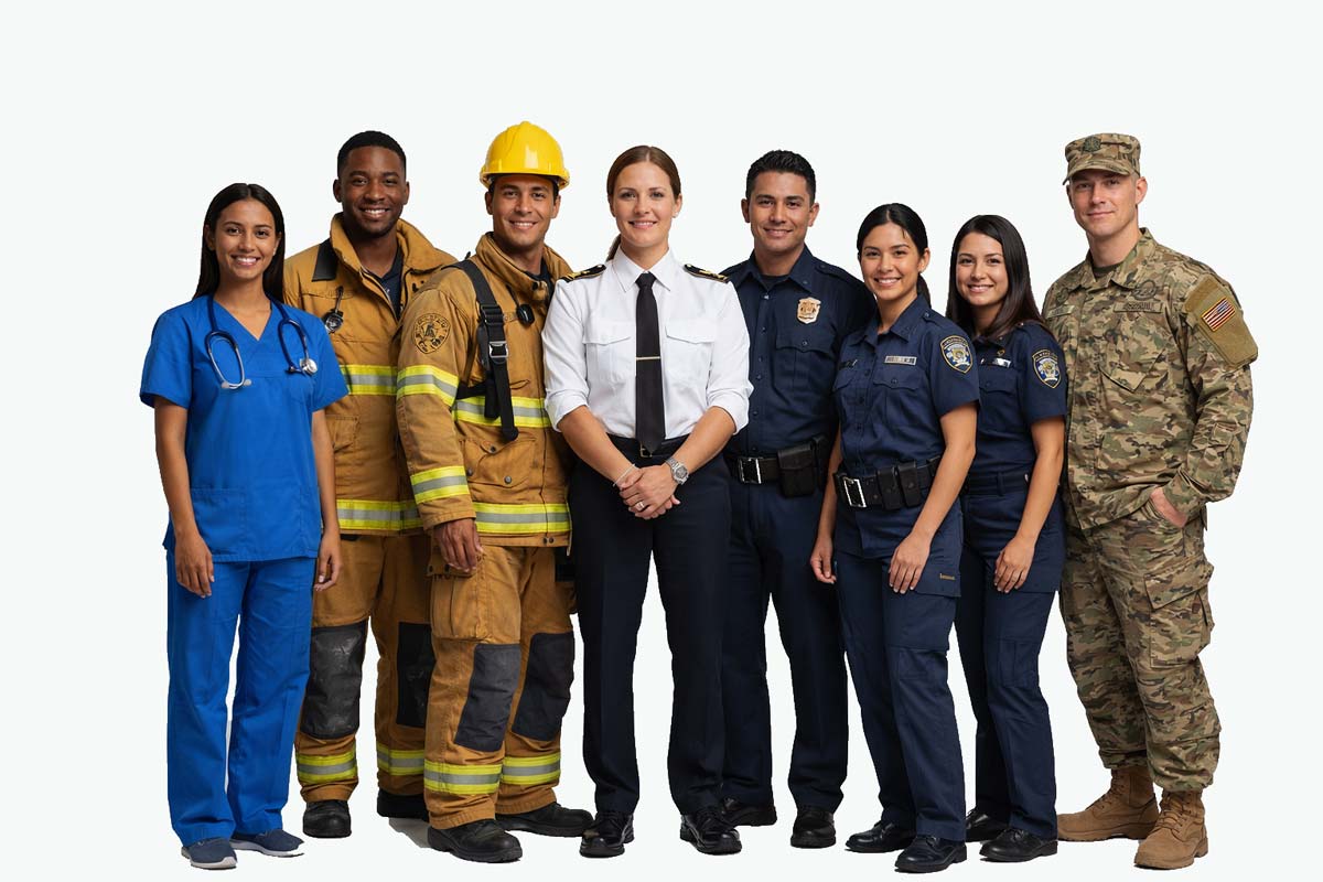 Eight people in work uniforms standing together on a white background: a nurse in blue scrubs with a stethoscope; two firefighters in tan protective gear, one wearing a yellow helmet; an officer in a white shirt with epaulettes and a black tie; three police officers in navy uniforms; and a soldier in camouflage.